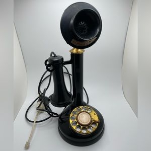 Vintage 1974 Candlestick Telephone Fold-A-Fone Gold Brass Black Plastic &Adapter